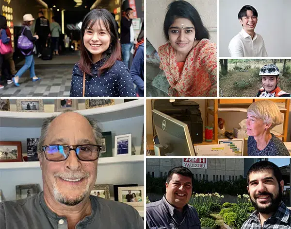 Una schiera di persone diverse che sorridono in vari contesti, inclusi ambienti interni ed esterni.